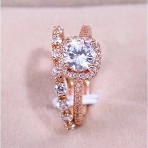 Ring Set Rose Gold Halo Diamond Pave Band RSA21